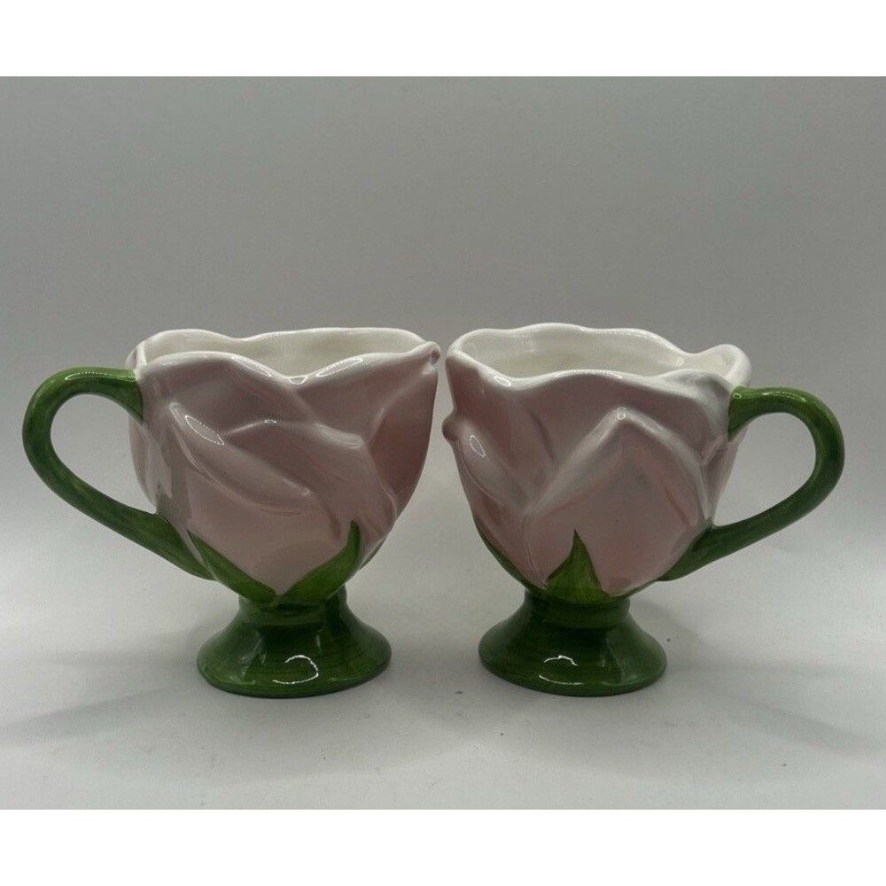 Two Vintage Teleflora Gift Pink Tulip Ceramic Cup 3 3/4 high
